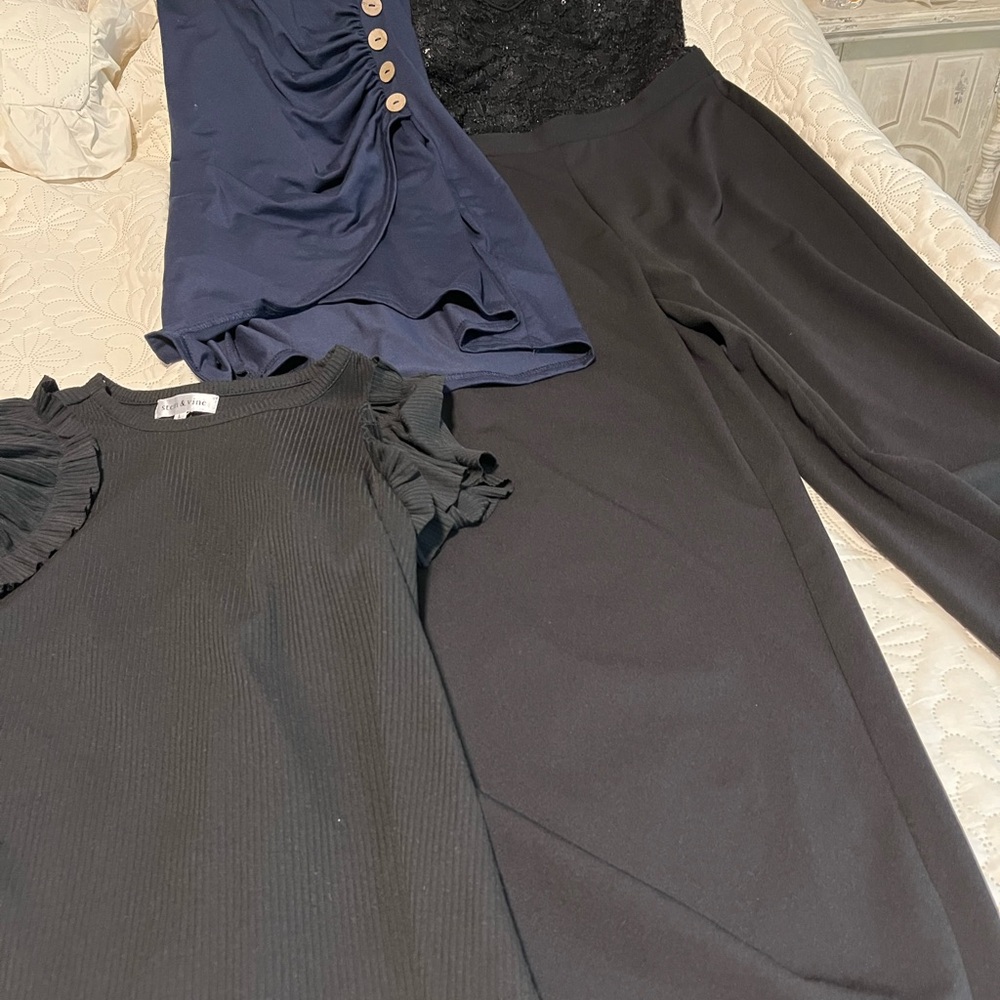 Black Wide-Leg Jumpsuit with Navy Top & Black Ruffle Sleeve Tee and Dresses
